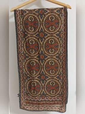 100% Silk Vintage Mosaic Tile Pattern Scarf in Rust, Navy & Mustard 100% Silk